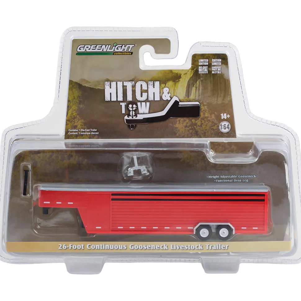 Hitch & Tow Trailers - 26-Foot Continuous Gooseneck Livestock Trailer - Red (Hobby Exclusive) 1:64 Scale Diecast Model Truck by Greenlight