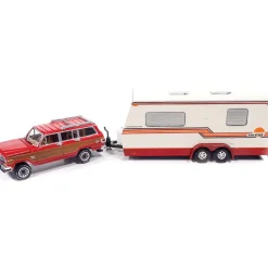 1981 Jeep Wagoneer w/Camper Trailer - Red 1:64 Scale Diecast Model Car by Johnny Lightning
