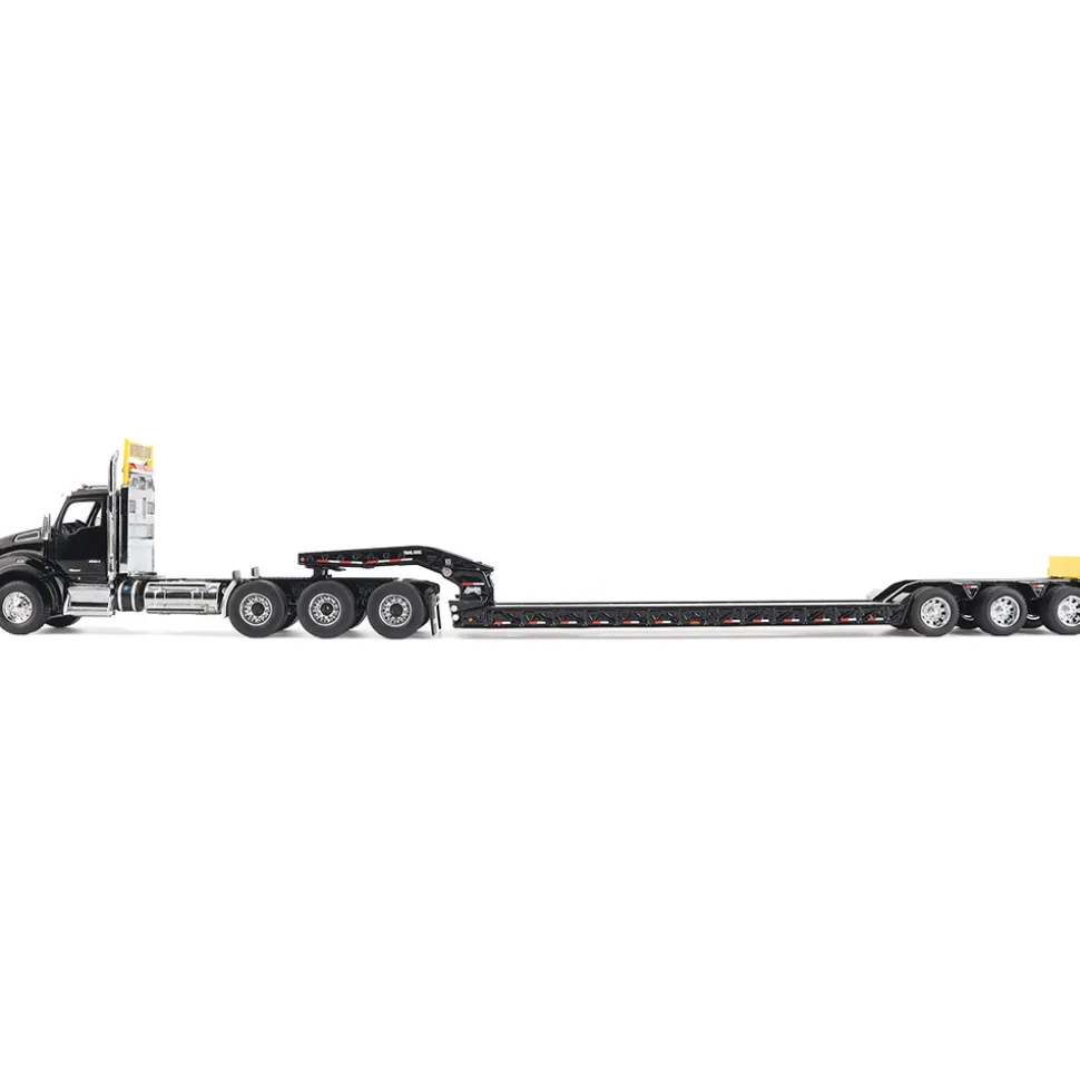Kenworth T880 SBFA Daycab Tridem Tractor with Trail King TK120 HDG Lowboy Trailer - Black 1:50 Scale Diecast Model Truck by Diecast Masters