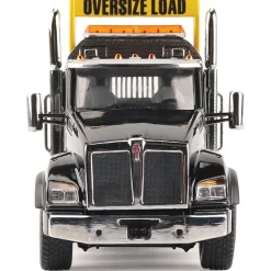 Kenworth T880 SBFA Daycab Tridem Tractor with Trail King TK120 HDG Lowboy Trailer - Black 1:50 Scale Diecast Model Truck by Diecast Masters