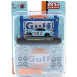 1971 Nissan Skyline 2000 GT-R GULF With 4 Post Lift and 2 Extra Set of Wheels - Blue 1:64 Scale Diecast Model Car by M2 Machines