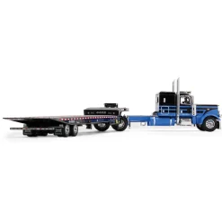 Peterbilt Model 389 48" Flat Top Sleeper & Landoll 440B-50CA Traveling Axle Trailer - Blue/Black 1:64 Scale Diecast Model Truck by Diecast Promotions