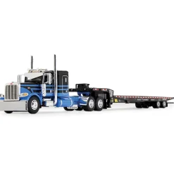Peterbilt Model 389 48" Flat Top Sleeper & Landoll 440B-50CA Traveling Axle Trailer - Blue/Black 1:64 Scale Diecast Model Truck by Diecast Promotions