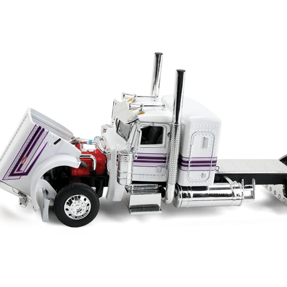 Peterbilt Model 389 36" Flat Top Sleeper & Fontaine Magnitude Lowboy Trailer - White/Black 1:64 Scale Diecast Model Truck by Diecast Promotions