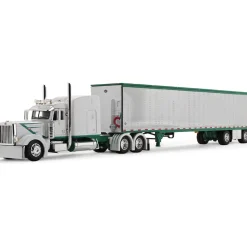 Peterbilt Model 389 63" Mid-Roof Sleeper & 53' Utility Trailer - White/Green 1:64 Scale Diecast Model Truck by Diecast Promotions