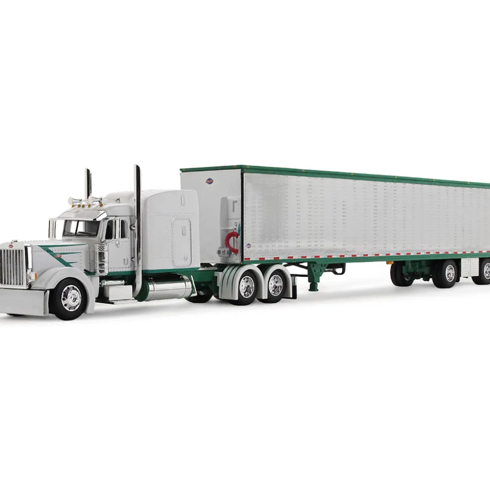Peterbilt Model 389 63" Mid-Roof Sleeper & 53' Utility Trailer - White/Green 1:64 Scale Diecast Model Truck by Diecast Promotions