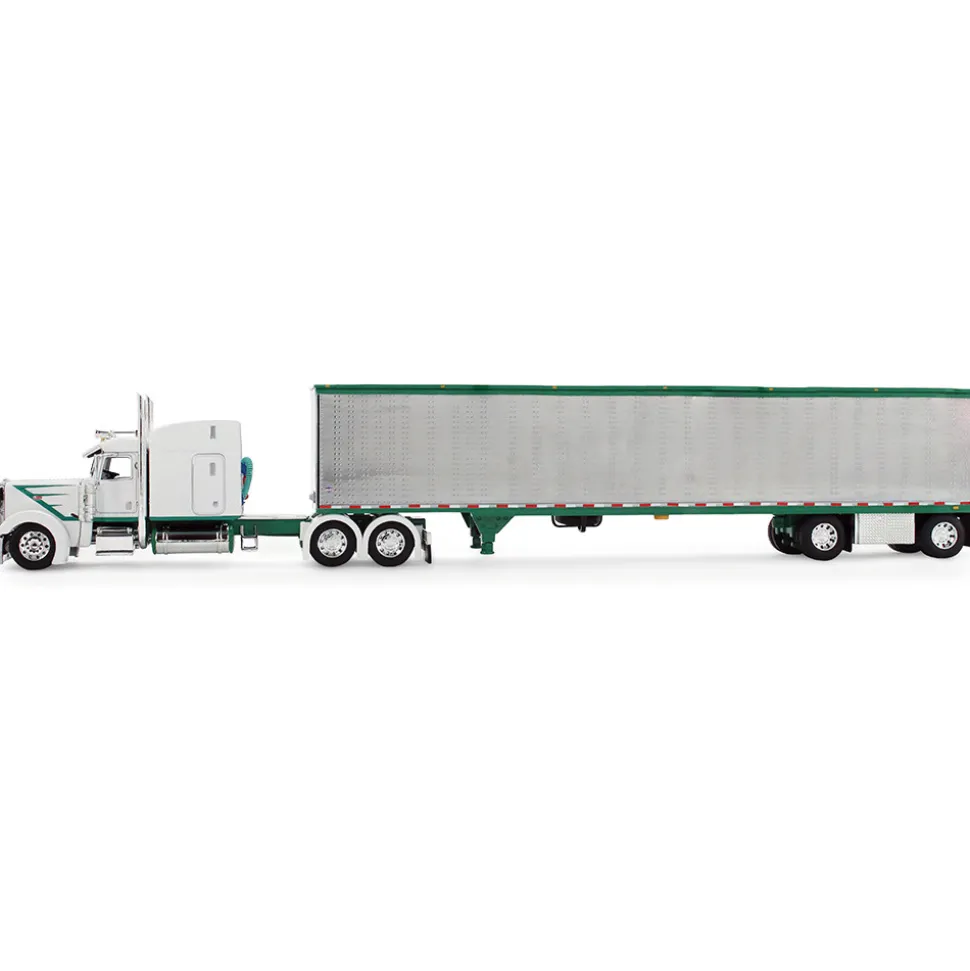 Peterbilt Model 389 63" Mid-Roof Sleeper & 53' Utility Trailer - White/Green 1:64 Scale Diecast Model Truck by Diecast Promotions