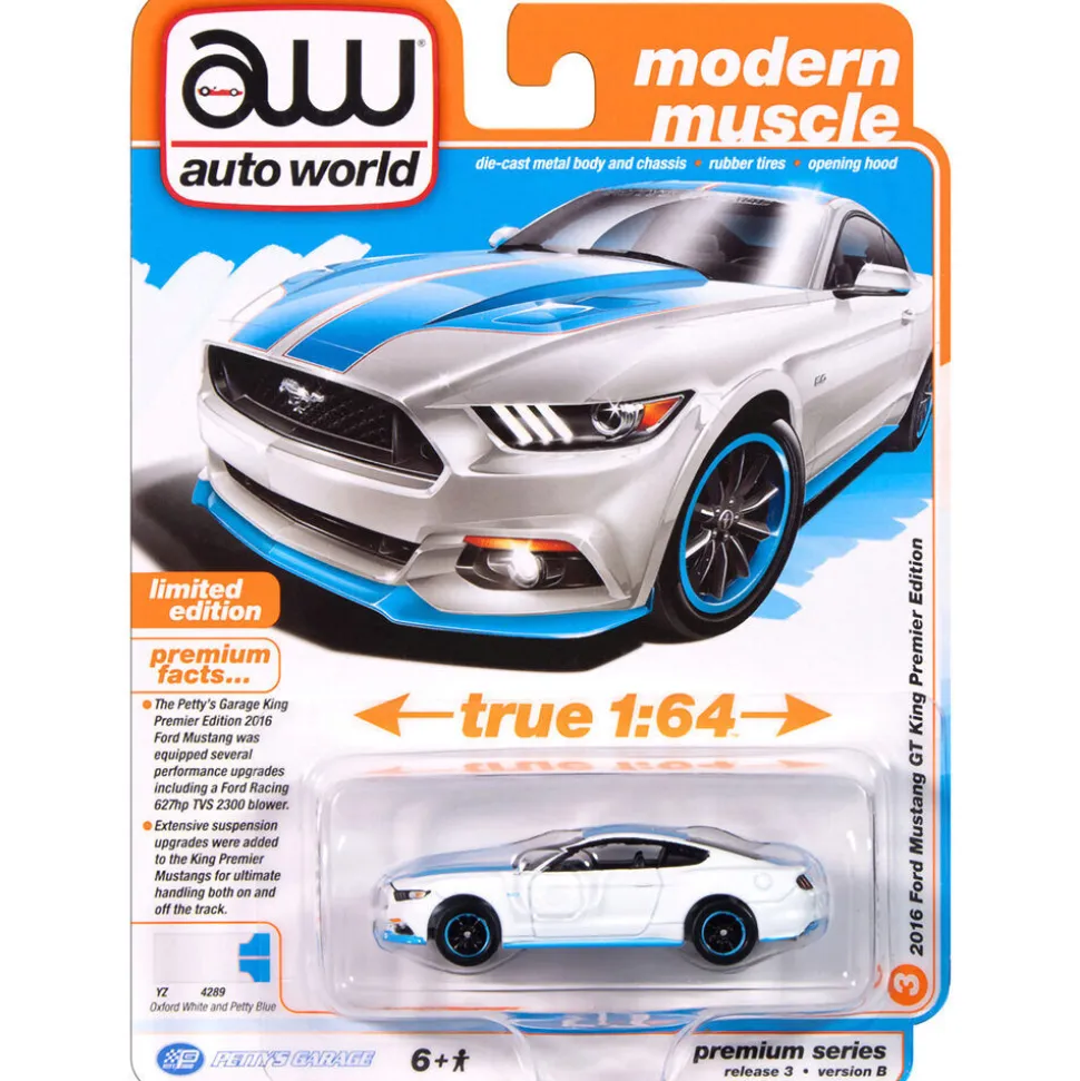 2016 Petty's Garage Mustang GT King Premier - White 1:64 Scale Diecast Model Car by Auto World