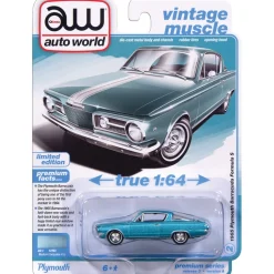 1965 Plymouth Barracuda Formula S - Medium Turquoise Poly w/White Stripe 1:64 Scale Diecast Model Car by Auto World