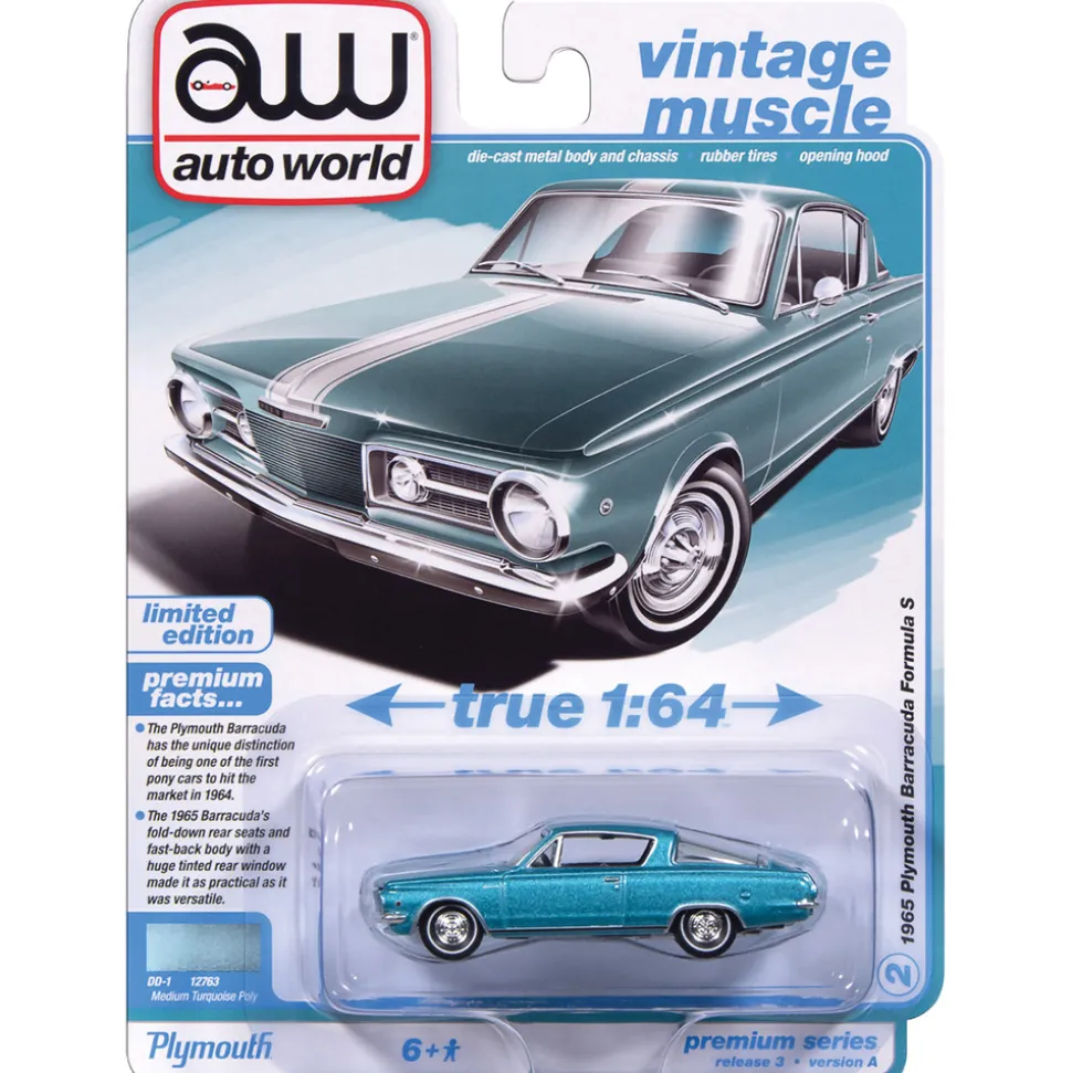 1965 Plymouth Barracuda Formula S - Medium Turquoise Poly w/White Stripe 1:64 Scale Diecast Model Car by Auto World