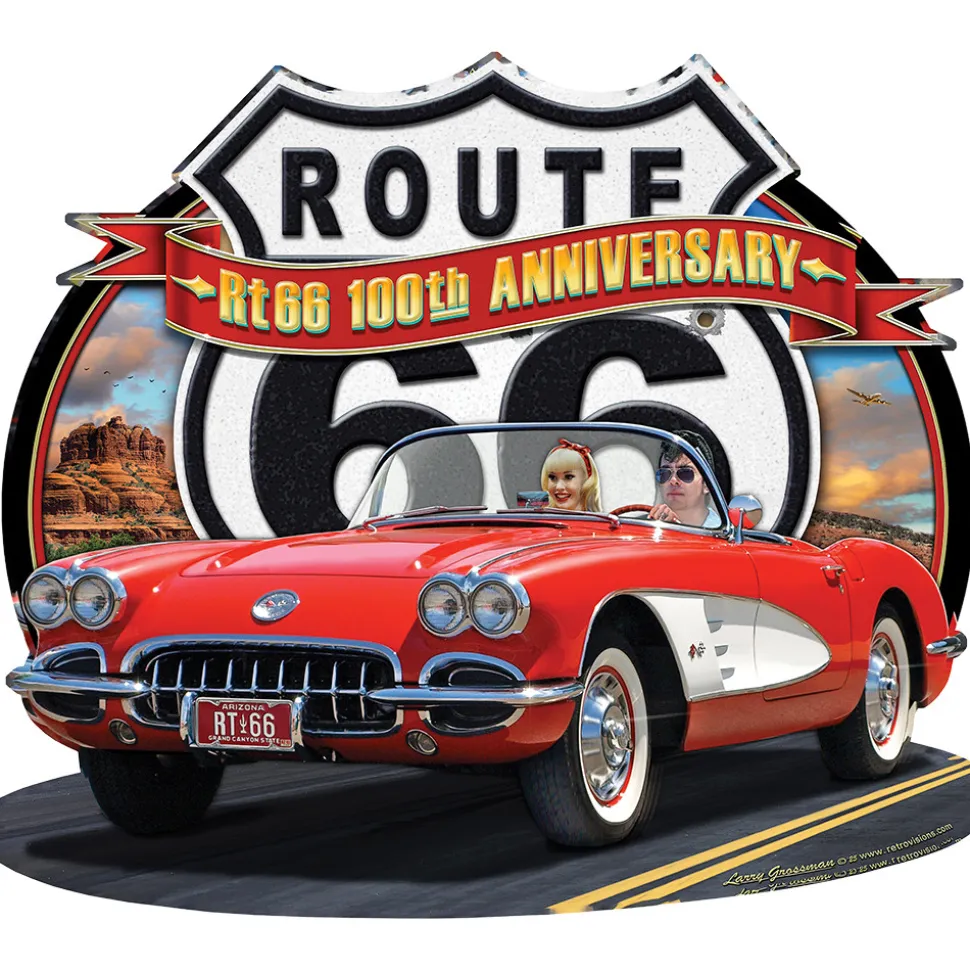 Route 66 Corvette 100th Anniversary Metal Sign Metal Sign by Reedyville Goods
