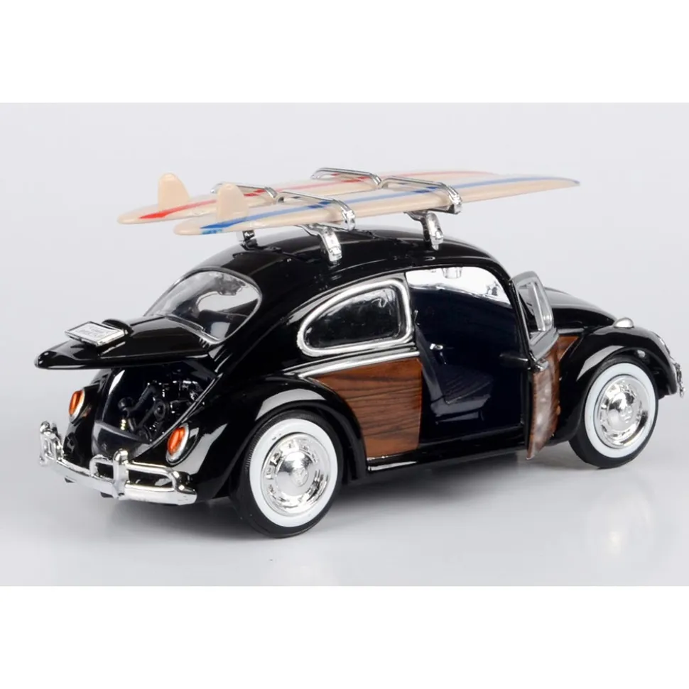 Volkswagen Beetle with Surfboard - Black 1:24 Scale Diecast Model Car by Motormax