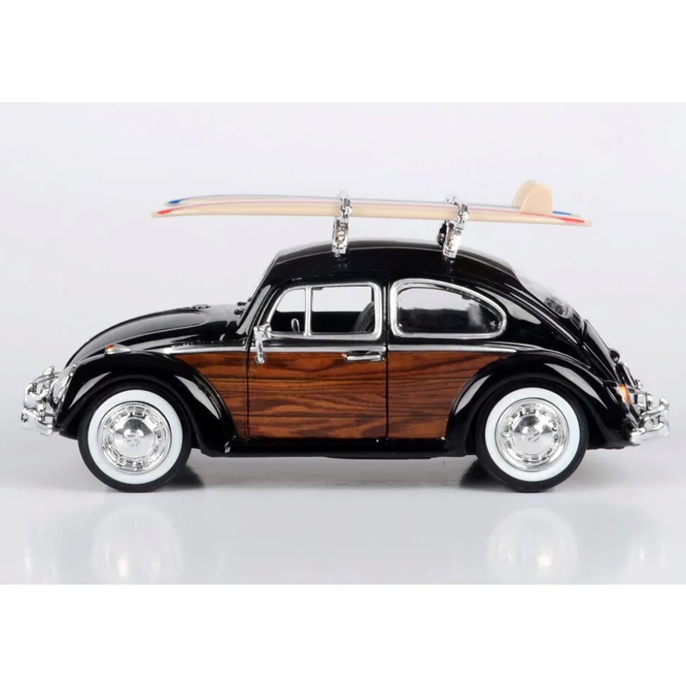 Volkswagen Beetle with Surfboard - Black 1:24 Scale Diecast Model Car by Motormax