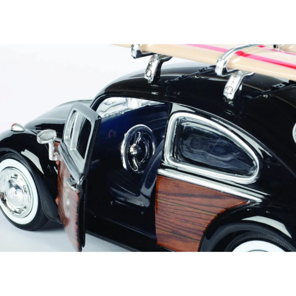 Volkswagen Beetle with Surfboard - Black 1:24 Scale Diecast Model Car by Motormax