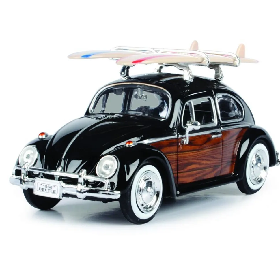 Volkswagen Beetle with Surfboard - Black 1:24 Scale Diecast Model Car by Motormax