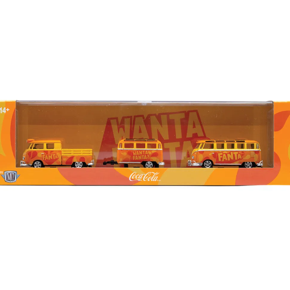 1960 VW Double Cab Truck with 1960 VW 15-Window Bus - Fanta 1:64 Scale Diecast Model Truck by M2 Machines