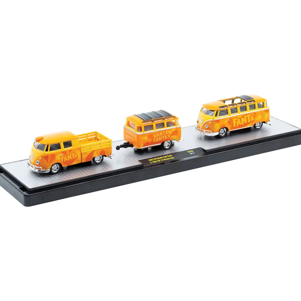 1960 VW Double Cab Truck with 1960 VW 15-Window Bus - Fanta 1:64 Scale Diecast Model Truck by M2 Machines