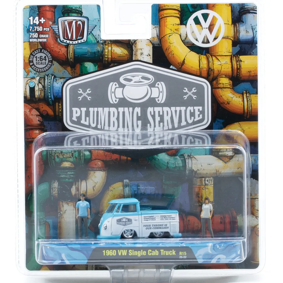 1960 VW Single Cab Truck "Plumbing Service" Diorama 1:64 Scale Diecast Model Truck by M2 Machines