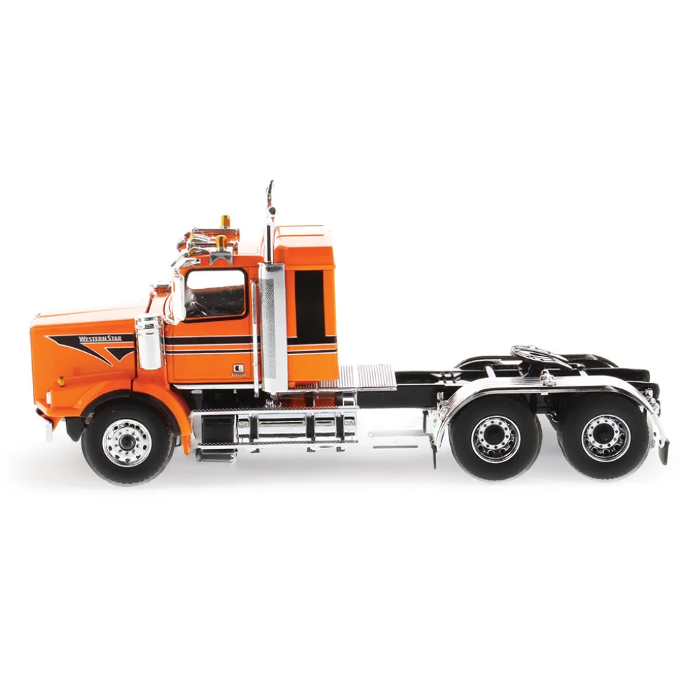 Western Star 4900 SB 40" Sleeper Tandem Tractor - Metallic Orange with Black Accent Stripes 1:50 Scale Diecast Model Truck by Diecast Masters